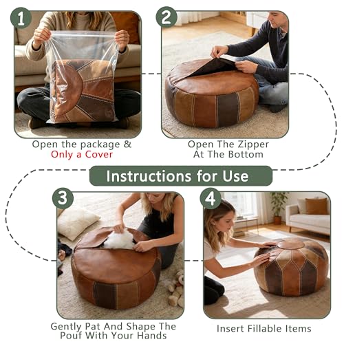 Thgonwid Round Unstuffed Pouf Cover, Faux Leather Storage Ottoman, Boho Moroccan Foot Stool, Multi-Purpose Home Decor for Living Room, Bedroom and Balcony, Retro Moroccan Color, No Filling Included - color: Moroccan（no Stuffing）