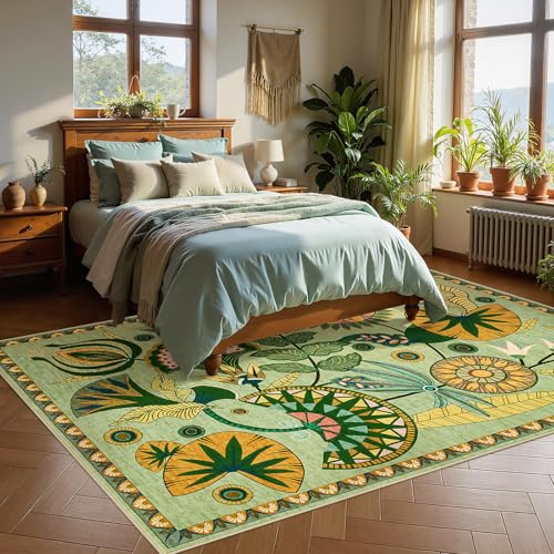 Joydeco Egypt Floral Boho Washable 5x7 Rug for Bedroom Nursery, Sage Green Vintage Living Room Playroom Area Rug Non Slip, Colorful Throw Carpet for Dining Room Kitchen Entryway Dorm - color: Sage Green, size: 5' x 7' (Rectangular)