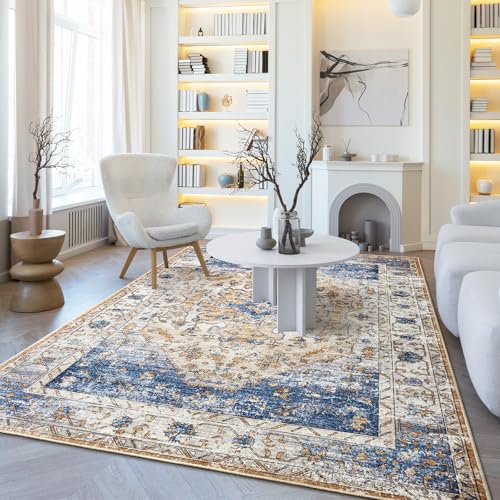 Amearea Vintage Design Area Rugs for Living Room, 4x6 Machine Washable Floral Collection Traditional Bedroom Rug, Low Pile Kids Room Print Carpet, No Slip Office Kitchen Home Decor, Blue and Orange - color: Blue/Orange, size: 4' X 6' (Rectangular)