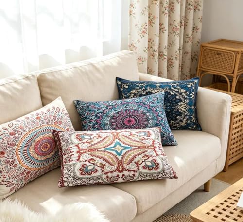 Decorative Washable Boho Lumbar Throw Pillow Covers 12X20 Inch Set of 4 Farmhouse Modern Couch Pillow Cases Vintage Floral Pillows for Sofa Living Room Bedroom Summer Outdoor Patio Porch - color: Bohemian Medley, size: 20" x 12" (Pack of 4)