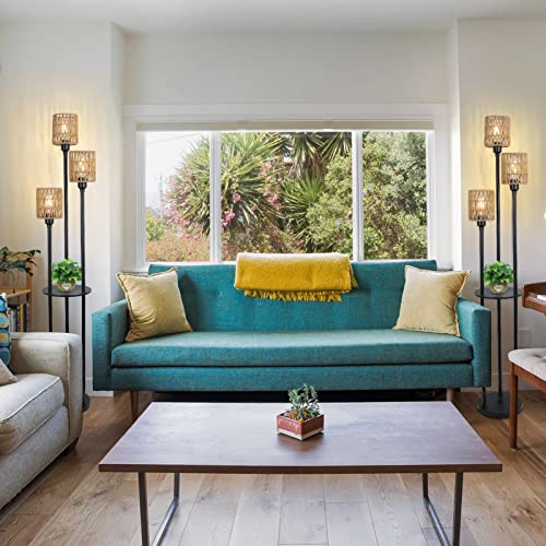 Boho Floor Lamp with Shelves, 3-Lights Farmhouse Tall Floor Lamp with ON/Off Foot Switch, Rustic Standing Lamp with Rattan Shades for Living Room Bedroom Office - style: Black-Rattan Shade