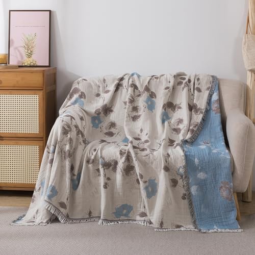 Lemfux 4-Layer 100% Cotton Muslin Cooling Blanket, Boho Floral Gauze Throw with Fringe, Ultra Soft Breathable Lightweight Bedspread Coverlet for Bed Sofa Couch - color: Dusty Blue Floral, size: 60"x80"