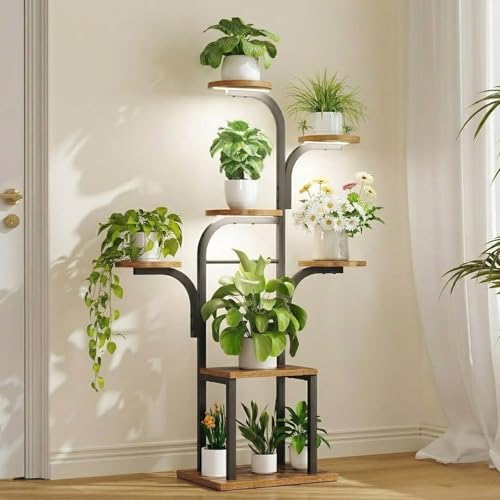 HOOBRO Plant Stand Indoor with Grow Lights, 47.2" Tall Metal Plant Shelf, 7 Tiered Corner Plant Stand for Indoor Plants, Plant Rack for Living Room Bedroom Balcony, Rustic Brown and Black BF09DHJ01 - color: Rustic Brown + Black