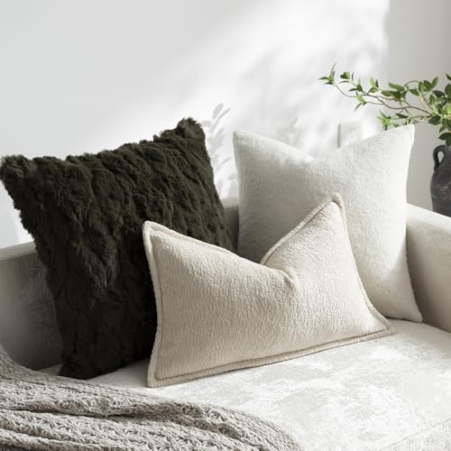 DEZENE Pack of 2 Beige Decorative Throw Pillow Covers 12x20 Cozy Soft Chenille Boho Accent Vintage Farmhouse Rectangular Lumbar Couch Pillow Covers for Home Decor Bed Sofa Living Room - color: Beige, size: 20" x 12" (Pack of 2)
