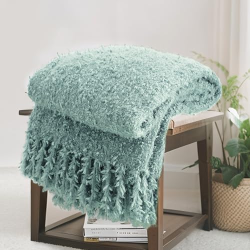 Knit Throw Blanket Fluffy Fuzzy Soft Lightweight Cozy Farmhouse Tassels Chunky Knitted Throws for Couch Sofa Bed (Sage Green, 50"x60") - color: Sage Green, size: 50"x60"
