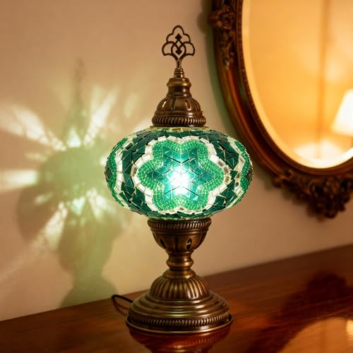 Turkish Mosaic Table Lamp with Bulb – Handmade Turquoise-Teal Stained Glass Light, Vintage Bohemian Bedroom & Living Room Decor, E12 Socket & US Plug - color: Turquoise Teal