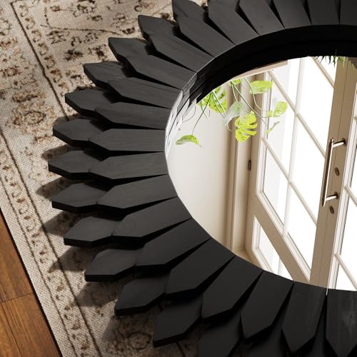Boho Wood Sunburst Round Wall Mirror, 24 Inch Rustic Circle Wooden Frame Decorative Mirror for Farmhouse Coastal Home, Home Wall Decor for Living Room Entryway Bedroom, Light Wood - color: Black, size: 24"L x 24"W