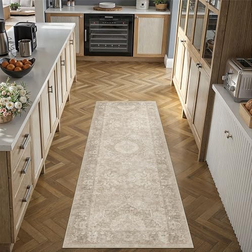 PureCozy Beige Runner Rug 2x6 Hallway Washable Vintage Carpet for Kitchen Non Slip Soft Low Pile Indoor Retro Oriental Medallion Accent Throw Long Rug Rug for Bathroom Laundry Dining Room - color: Beige, size: 2' x 6' (Runner)