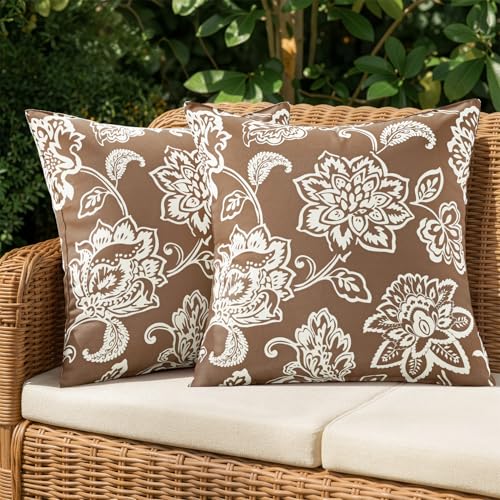 Decorative Outdoor Floral Pillow Covers Set of 2,Waterproof Boho Farmhouse Throw Pillows Summer Accent Pillowcases for Patio Furniture Garden Sofa 18x18 Inch, Coffe Brown - color: Coffe Brown
