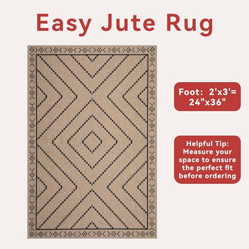 Tangsoo Easy Jute Rug 2x3 Outdoor Rug,Washable Non-Slip Rug for Entryway,Neutral Geometric Ultra Thin Indoor Carpet Farmhouse Throw Mat for Kitchen Bedroom Front Door Entrance - color: Black Diamond, size: 2x3ft
