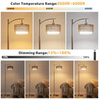 Ambimall Arc Floor Lamp for Living Room with Remote, Color Temperature & Brightness Adjustable, Boho Standing Lamp with Rattan & Fabric Double Drum Shades, Bulb Included(Brown) - color: Brown Rustic