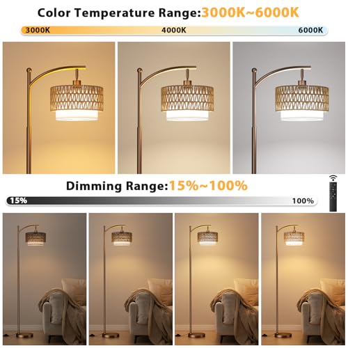 Ambimall Arc Floor Lamp for Living Room with Remote, Color Temperature & Brightness Adjustable, Boho Standing Lamp with Rattan & Fabric Double Drum Shades, Bulb Included(Brown) - color: Brown Rustic