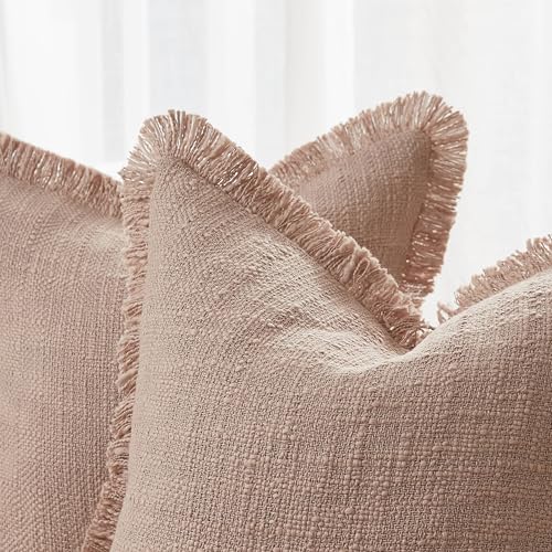 Decorative Throw Pillow Covers Set of 2,18x18 Inch Boho Farmhouse Cushion Covers with Tassels Natural Fringe Design for Couch Sofa Living Room Decor (Pink, 18"x18"(Pack of 2)) - color: Pink