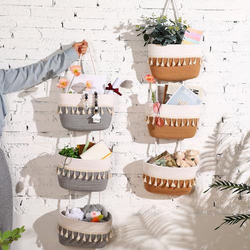 SiliFine Over the Door Hanging Basket Boho Woven Wall Hanging Baskets 3-Tier Cotton Wall Mounted Storage Organizer Bag Macrame Decorative for Kitchen Laundry Room Stairs(Gray, White) - color: Gray, White