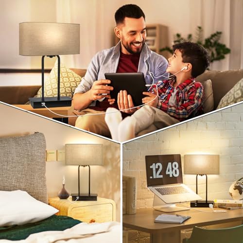 16.1'' 3-Way Dimmable Touch Control Table Lamp with USB Ports and AC Power Outlet Modern Bedside Nightstand Lamp Fabric Shade and Metal Base for Bedroom Living Room LED Bulb Included Warm White - color: Gray