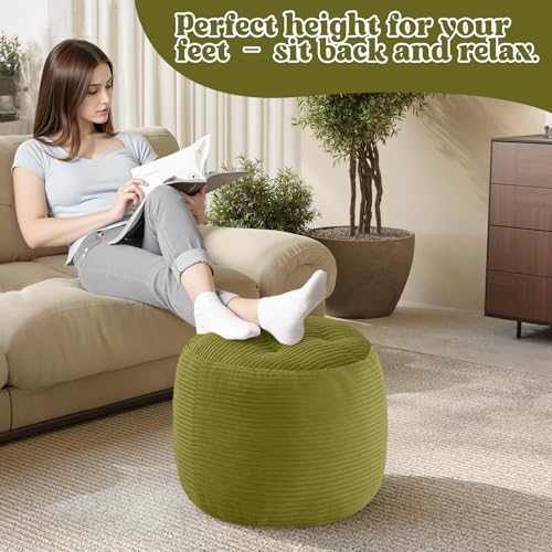 MeMoreCool Stuffed Round Pouf Ottoman Foot Rest, Floor Pouf Foot Stool with Soft Foam Chunk Filling, Round Small Ottoman Footstool Circle Footrest for Couch Living Room, Corduroy Green - color: Green
