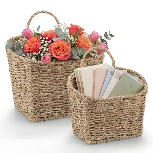 84ECO Set of 2 Seagrass Hanging Baskets for Organizing, Front Door, Mail, Flowers - color: Natural Seagrass