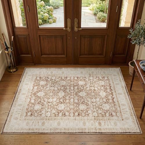 jinchan 4x6 Washable Vintage Area Rug, Distressed Traditional Floral Dining Room Rug, Soft Low-Pile Non-Slip Floor Mat for Bedroom Nursery Home Office Living Room, Taupe - color: Oriental Taupe, size: 4' x 6' (Rectangular)
