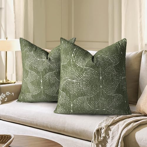 AELS Boho Decorative Textured Throw Pillow Covers 22x22, Modern Mid Century Rainbow Tufted Pillow Case, Farmhouse Rustic Geometric Woven Cushion Case for Bed Couch Sofa, Olive Green - color: Olive Green, size: 22" x 22" (Pack of 2)