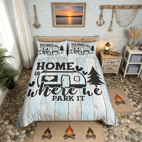 Farmhouse Rustic Camping Bedding Set Twin Size,Funny Home Where We Park It Duvet Cover for Kids Boys Bed Comforter Cover Set,Explore Camper Gifts RV Life Bedding Quilt Cover Set Decorative 2 Pieces - color: Multi 16, size: Twin 68"x90"
