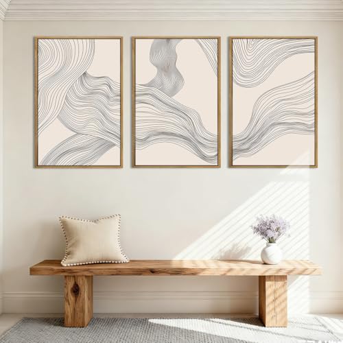 Beige Abstract Wall Art Framed Neutral Modern Canvas Wall Decor Minimalist Line Wave Painting16x24 Inch Pictures Set of 3 for Living Room Bedroom Dining Room - color: Beige Line, size: 24"L x 16"W