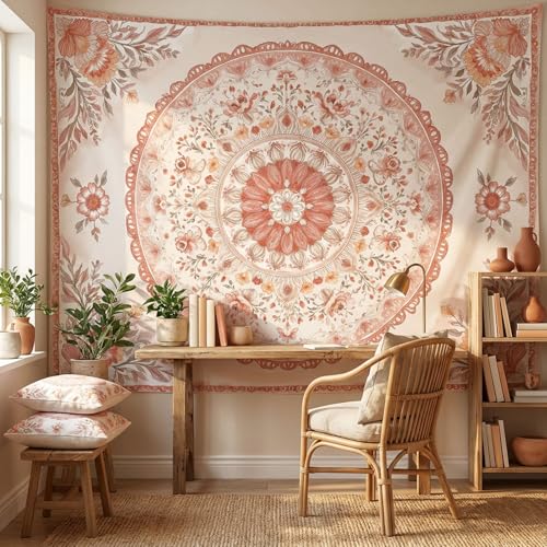 Motanber Pink Mandala Tapestry Wall Hanging Boho Floral Tapestry Aesthetic Watercolor Flower Medallion Cute Large Tapestries for Bedroom Living Room Dorm Decor 80 x 60 Inch - color: Peach Pink, size: 80"L x 60"W