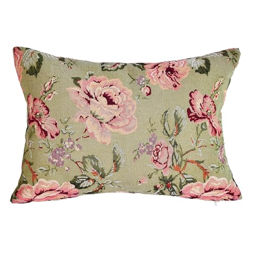 Floral Lumbar Jacquard Woven Throw Pillow Cover, Moss Green & Vintage Rose Decorative Cushion Case with Beige Faux Suede Back, 12x18 Inch, Cover Only No Insert - color: Vintage Olive & Dusty Rose Floral