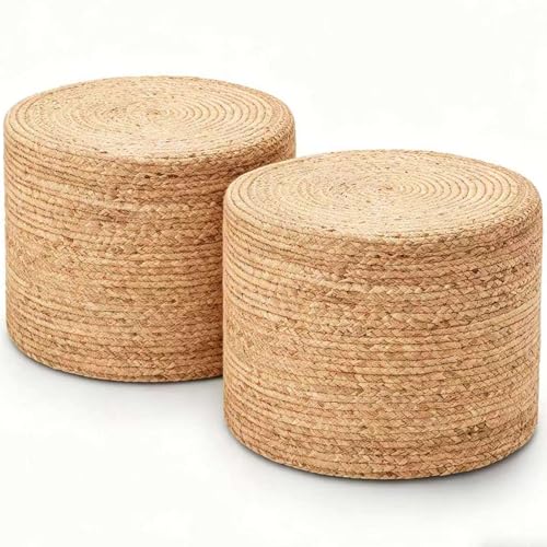 Wimarsbon 2Pcs Pouf Ottomans, Natural Seagrass Foot Stool, Hand Weaving Round Ottoman, Boho Decorative Seat, Jute Braided Pouffe Poof Accent Sitting Footrest (18inch Natural Water Hyacinth Braid) - color: 18inch Natural Water Hyacinth Braid