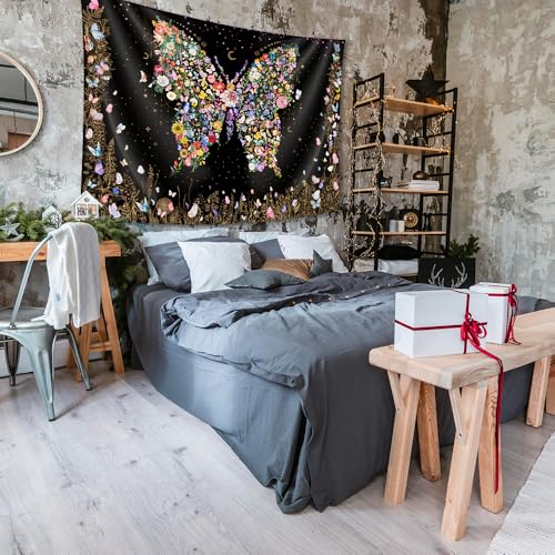 Damanse Butterfly Tapestry Wall Hanging Cute,Boho Wall Tapestry for Bedroom Aesthetic,Flower Living Room Decor for Teen Girls (Black, 59.80" x 78.70") - color: Black, size: 78.7"L x 59.8"W