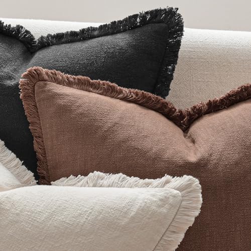 ANRODUO Set of 2 Decorative Throw Pillow Covers 24×24 Inch Soft Linen Fringe Farmhouse Boho Vintage Cushion Covers with Tassels Accent Pillowcase for Couch Sofa Bed Living Room Summer Decor Black - color: Black, size: 24" x 24" (Pack of 2)