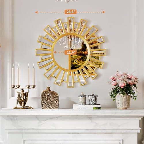 Uniclinens Modern Round Sunburst Mirror Gold - Large Boho Sunburst Mirror Wall Decor,Circle Sun Wall Decor for Bedroom Living Room Hallway Bathroom Entrance,24"