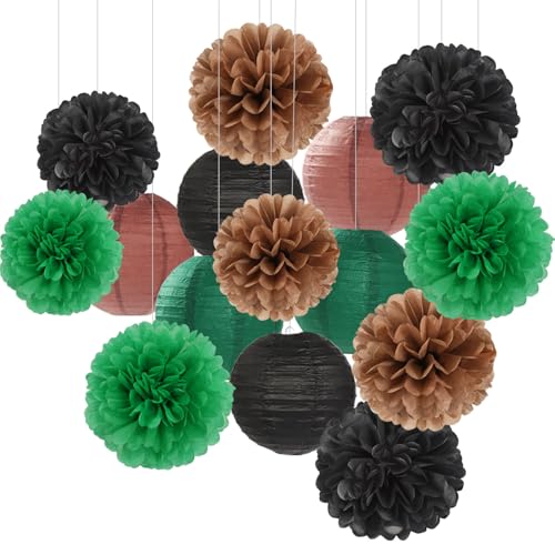 Football Party-Decorations Paper-Flowers - 15pcs Green Brown Black Tissue Pom Poms Lanterns Streamers,Birthday Baby Shower Bachelorette Hanging Supplies Decor Hugfond - color: Brown Green Black