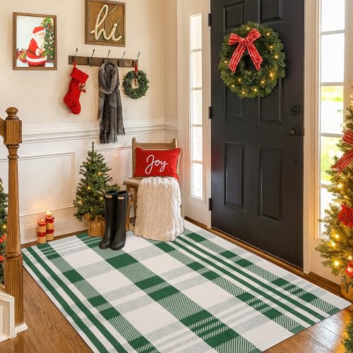 Christmas Green & White Check Rug - 28 x 43 Inches Outdoor Front Door Decor Mat Cotton Washable Hand-Woven Rug Christmas New Year Holiday Porch Entryway Layered Doormat - color: Grass Green & White Check, size: 2'4" x 3'7" (Rectangular)