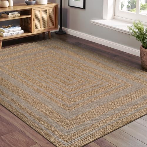 Beverly Rug Easy Jute Framed Border Rug 6x9 Washable Durable Indoor Outdoor Area Rugs for Living Dining Room Patio Office Stain Resistant Non Shedding Casual Indoor Outside Carpet 6 x 9 Natural - color: Framed/Natural, size: 6' x 9' (Rectangular)