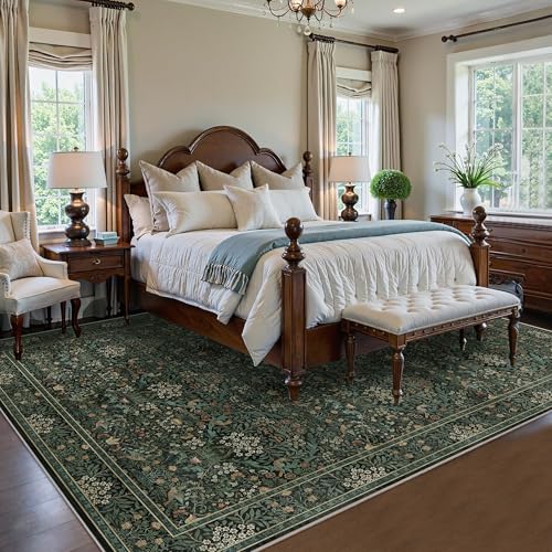 8x10 Floral Washable Area Rug for Living Room, Vintage Boho Rug for Bedroom Dining Room， Distressed Botanical Birds Non Slip Low Pile Forest Animal Throw Carpet for Farmhouse Office, Dark Green - color: Dark Green, size: 8' x 10' (Rectangular)