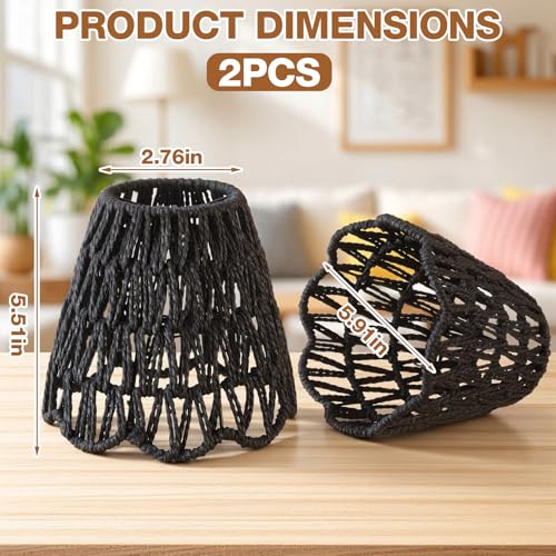 Glooglitter Small Clip-on Chandelier Rattan Lamps Set Shade Scalloped Lampshade 3"top x 6"bottom x 5-1/4"slant Height Empire Lamp Shade Chandelier or Accent Lamp(V Paper Rope,Black,2 Pcs) - color: Black, size: V Paper Rope