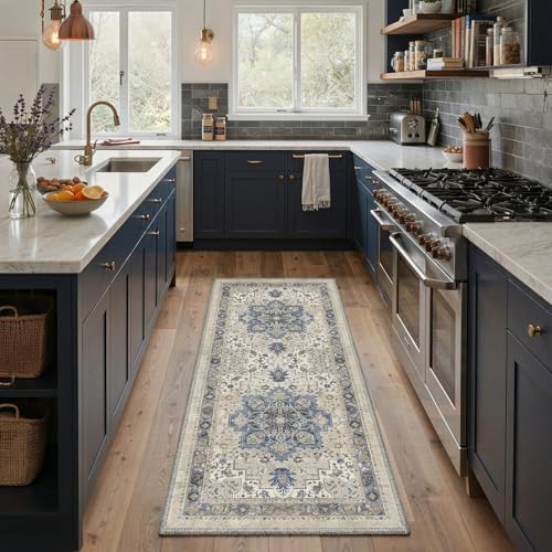 GENIMO Area Rug 2x3 Doormat, Machine Washable Low Pile Rugs, Small Retro Entryway Mat for Entrance, Hallway, Kitchen and Corridor, Blue Cream - color: Area Blue Cream, size: 2' x 3' (Rectangular)