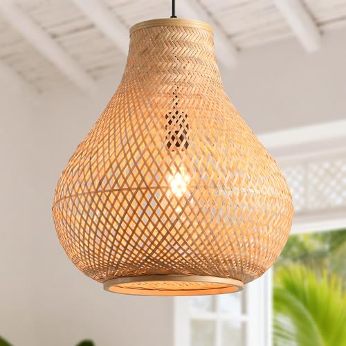 Farmhouse Pendant Light, 15" Hand-Woven Rattan Chandelier, Boho Natural Woven Ceiling Light for Kitchen Island Dining Room Bedroom, Rustic Hanging Light Fixture with Adjustable Cord, E26 Base - color: D3055