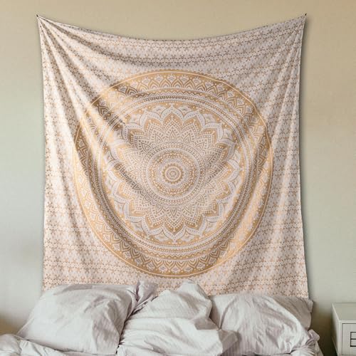 THE ART BOX Glittering Gold Tapestry Wall Hanging Mandala- Indian Cotton Throw Hippie Tapestries - Boho Bedding White Golden Queen Bedspread 85x90 inches-Meditation Yoga Rugs Mats - color: Gold and White, size: 85"L x 90"W