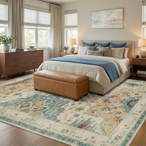 9x12 Area Rugs for Living Room, Large Machine Washable Area Rug, Low Pile Non Slip Boho Rug, Stain Resistant Carpet for Bedroom Dinning Room Nursery Farmhouse Office Home-Blue/Gold/Beige - color: Blue/Gold/Beige, size: 9' x 12' (Rectangular)