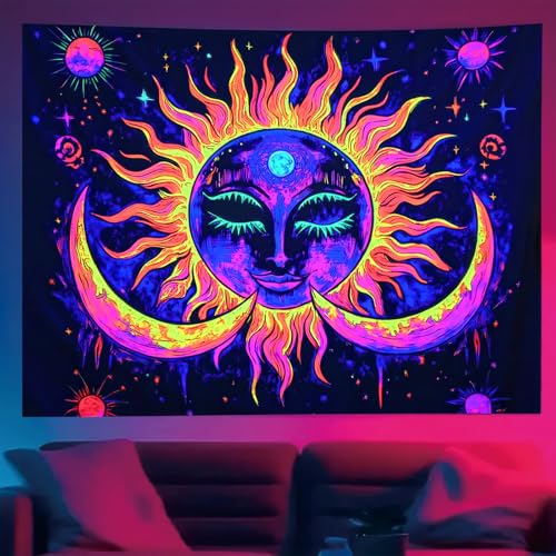 Starlit Patio Blacklight Tapestry UV Reactive Tapestries Sun Moon Wall Hanging Trippy Neon Glowing Tapestry for Bedroom Living Room Dorm Decor Aesthetic Hippie Art Boho Wall Bohemian Poster - color: Sun Moon