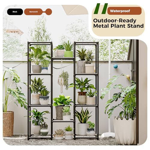 Bamworld Plant Stand Outdoor Metal Plant Shelf for Multiple Plants Large Plant Holder Waterproof for Garden Living Room Patio Morden Home Decor Gardening Gifts - color: Black-10 Pots, style: Cabinet