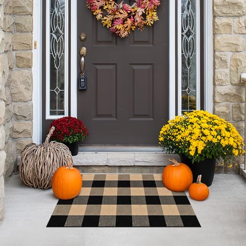 Buffalo Plaid Area Rug 2 X 3 Ft Brown and Black Checkered Outdoor Rug Cotton Washable Buffalo Plaid Rugs Front Door Mat for Porches Bathrooms Laundry Rooms and Living Rooms - color: Brown and Black, size: 2‘×3’