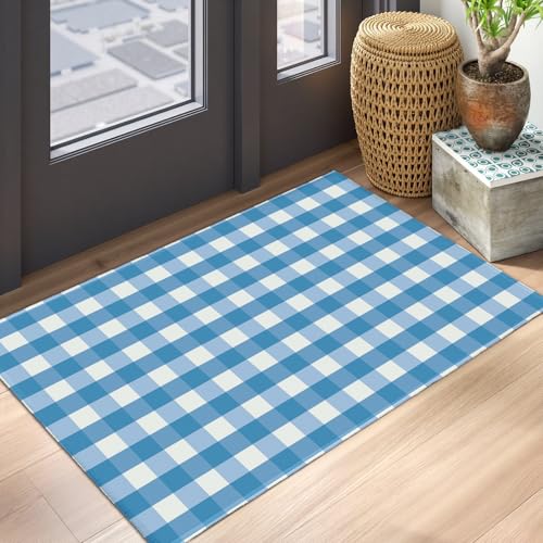 Blue and White Buffalo Plaid Area Rug 2x3 Summer Check Farmhouse Decorative Front Door Mat Small Non-Slip Low Pile Front Doormat Washable Throw Rugs for Living Room Bedroom Bathroom Kitchen - color: Buffalo Plaid Blue and White