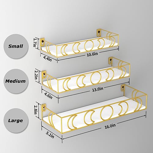 PHAREGE Moon Phase Floating Shelves White Gold, Set of 3 Small Decorative Wall Shelves for Book Plant Storage, Crystal Figurine Collectibles Display Shelf for Bedroom Kid Room - color: White Gold