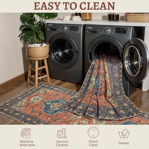 Tangsoo Oriental Washable Entryway Rugs Terracotta 2x3 Non Slip Small Area Rug, Vintage Indoor Front Door Rug, Print Door Mat Indoor Entrance Soft Low Pile Throw Rug for Entry Kitchen Bedroom - color: Terracotta/Blue, size: 2' X 3' (Rectangular)