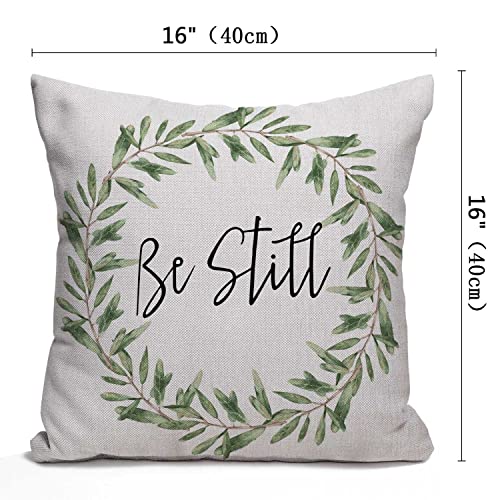 Nphuriy Rustic Be Still Green Olive Wreath Vintage Farmhouse Décor Spring Summer Sign Decoration Cotton Linen Home Decorative Throw Pillow Case Cushion Cover with Words for Sofa Couch, 16 x 16 in - color: Multi 30