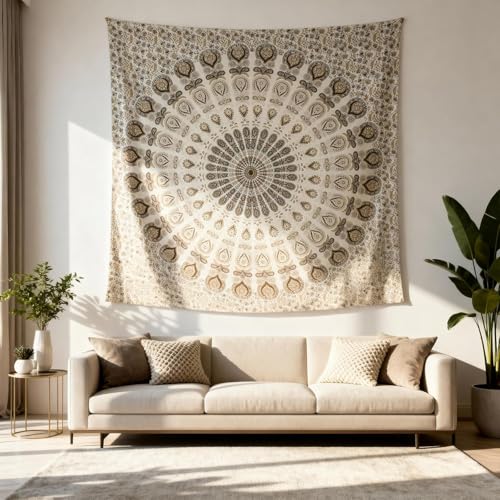 FURNISHFUL FINESSE Handmade Cotton Peacock Mandala Tapestry - White Gold Indian Boho Wall Decor, Shimmery Bohemian Hippie Room Hanging - 30x40 Inches, (White Gold) - color: White Gold, size: 40"L x 30"W