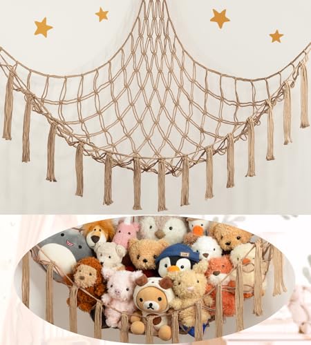 Stuffed Animal Storage Hammock or Net Corner - Large Toy Hammock Net for Stuffed Animals Room Decor - Cute Stuff Animal Organizer Plush Holder - Kids Baby Nursery Essentials Wall Bedroom Home Decor - color: Flaxen, size: XL Large(51L"*51H"*65"W)