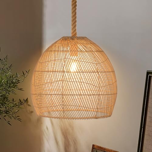 Arturesthome Natural Rattan Pendant Light for Kitchen Island, Woven Lamp Shade Chandelier, Hanging Ceiling Light, Handmade Lampshade Rope Lamp D15.7in*13.7in - size: 15.7″W x 13.7″H
